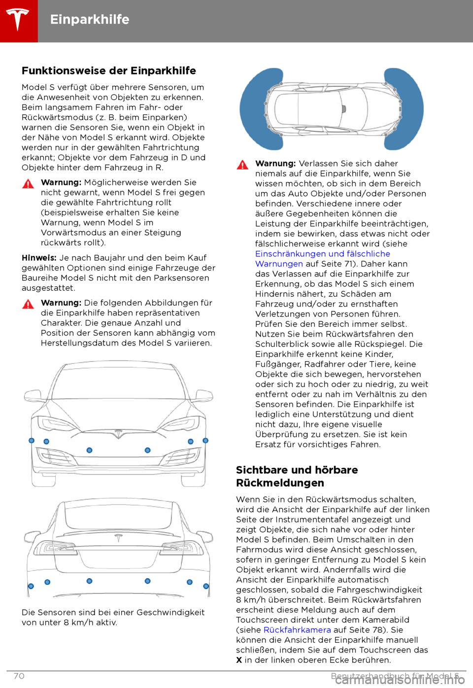 TESLA MODEL S 2018  Betriebsanleitung (in German) Funktionsweise der Einparkhilfe
Model S v erf