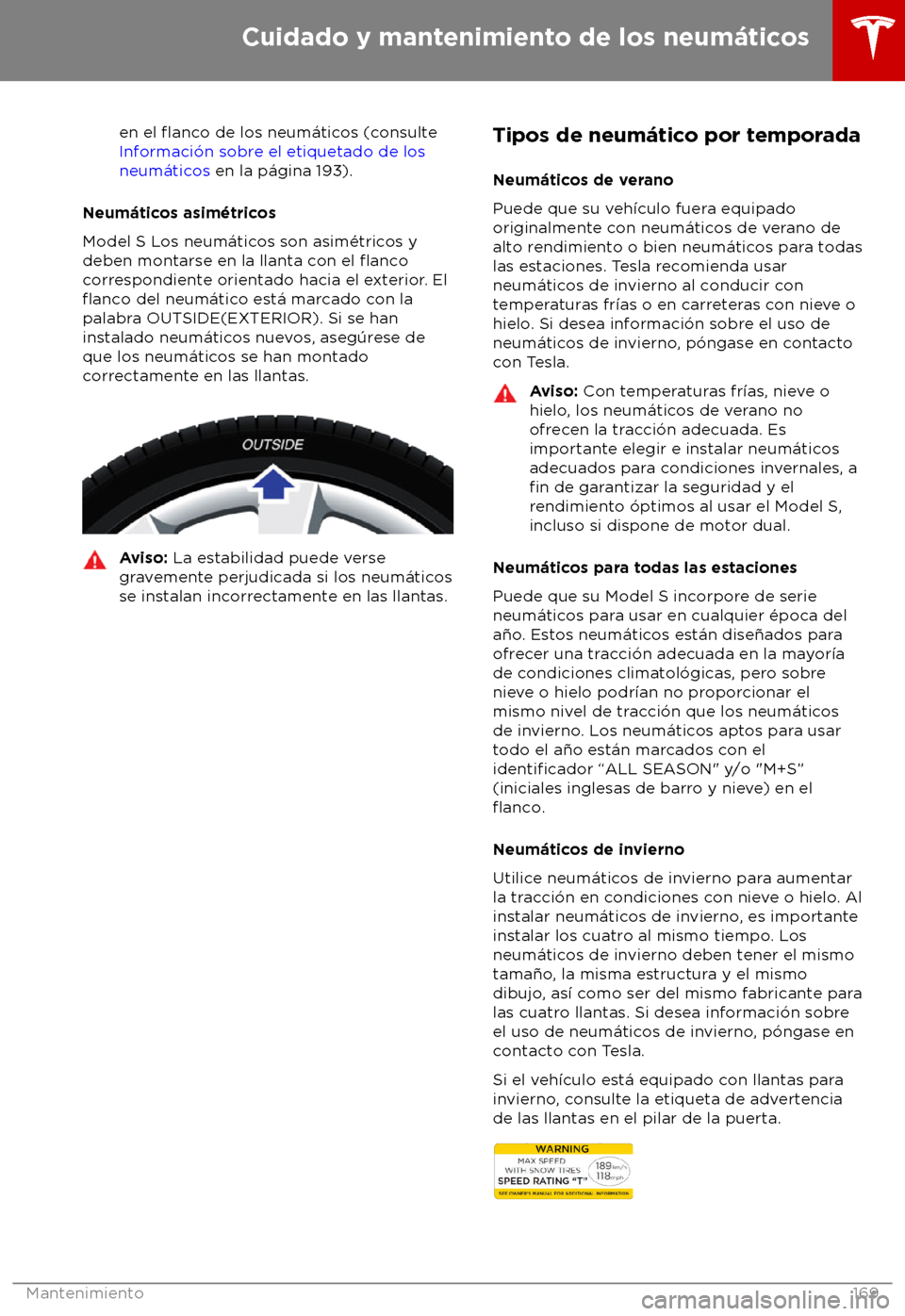 TESLA MODEL S 2018  Manual del propietario (in Spanish) en el flanco de los neum