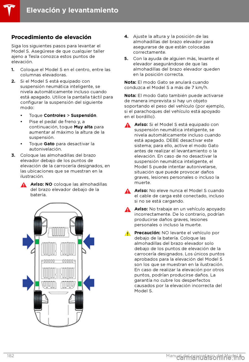 TESLA MODEL S 2018  Manual del propietario (in Spanish) Procedimiento de elevaci
