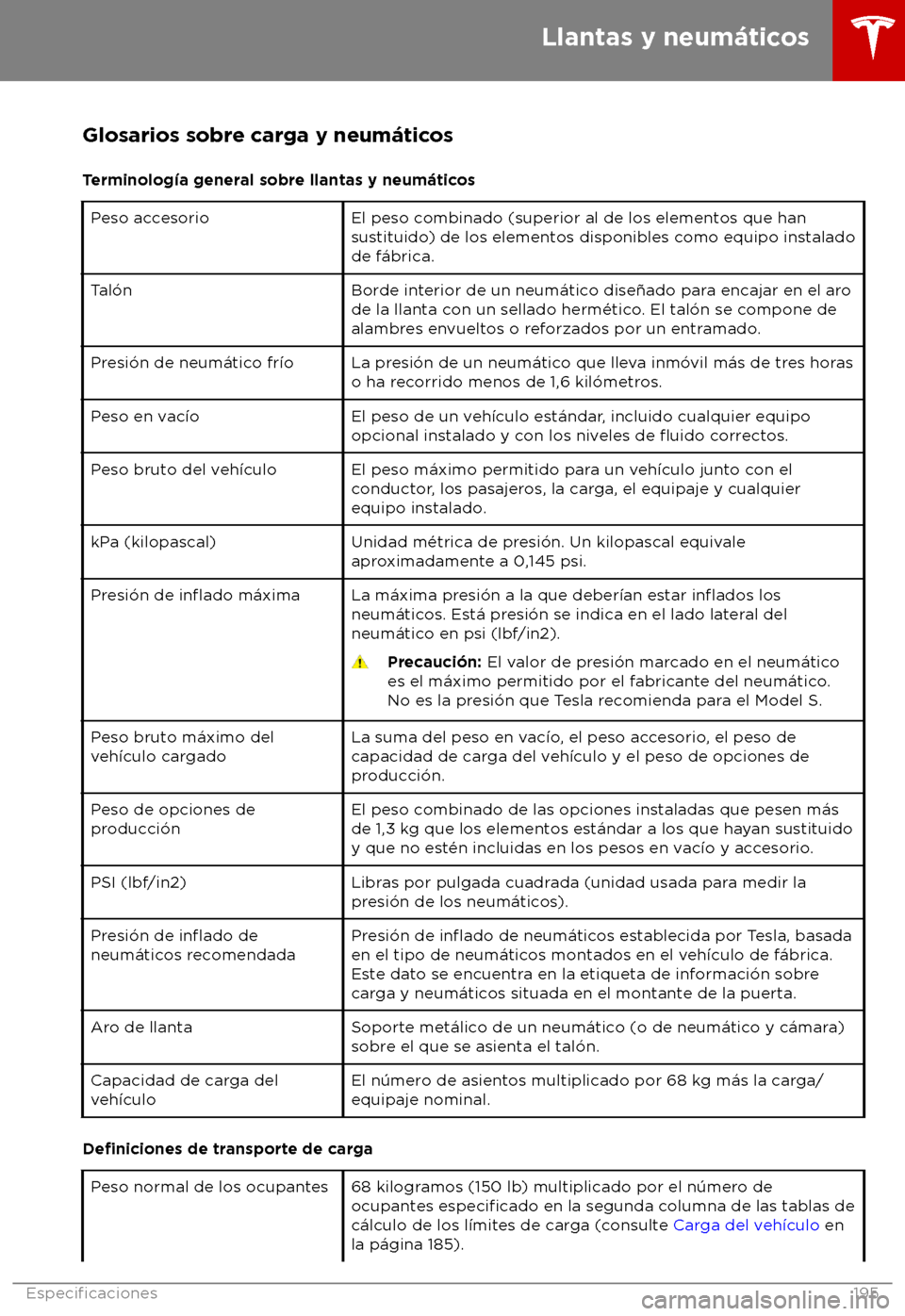 TESLA MODEL S 2018  Manual del propietario (in Spanish) Glosarios sobre carga y neum