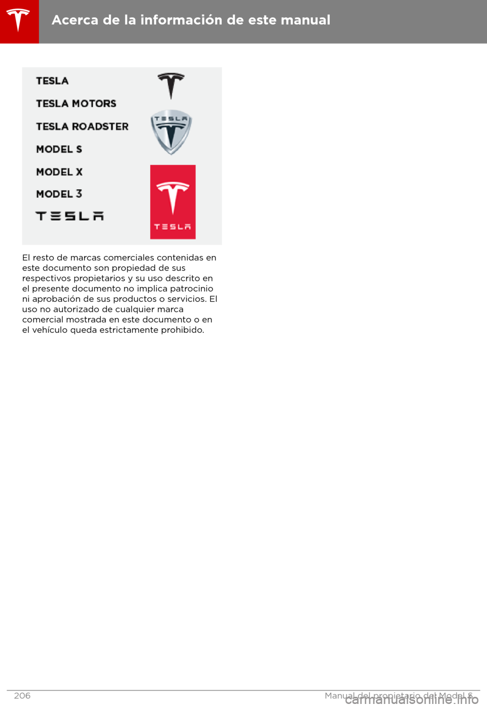 TESLA MODEL S 2018  Manual del propietario (in Spanish) El resto de marcas comerciales contenidas en
es
te documento son propiedad de sus
respectivos propietarios y su uso descrito en
el presente documento no implica patrocinio
ni aprobaci
