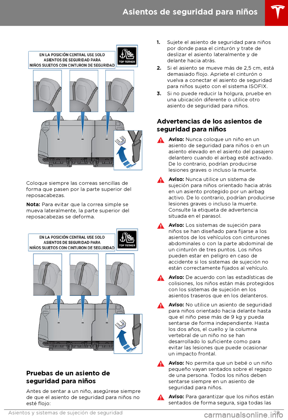 TESLA MODEL S 2018  Manual del propietario (in Spanish) Coloque siempre las correas sencillas de
f
orma que pasen por la parte superior del
reposacabezas.
Nota: Para evitar que la correa simple se
mueva lateralmente, la parte superior del
reposacabezas se 