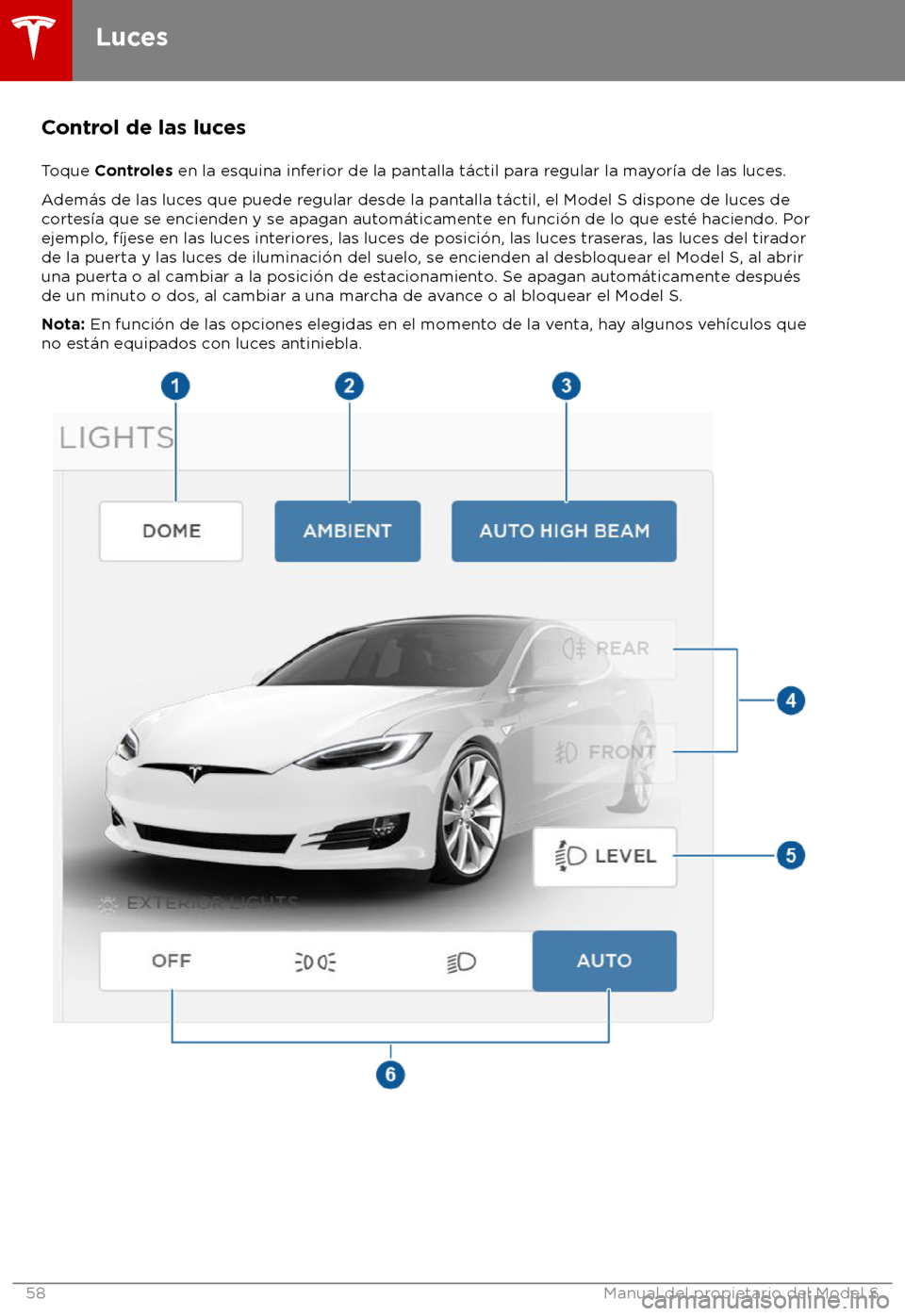 TESLA MODEL S 2018  Manual del propietario (in Spanish) Control de las luces
T oque Controles en la esquina inferior de la pantalla t