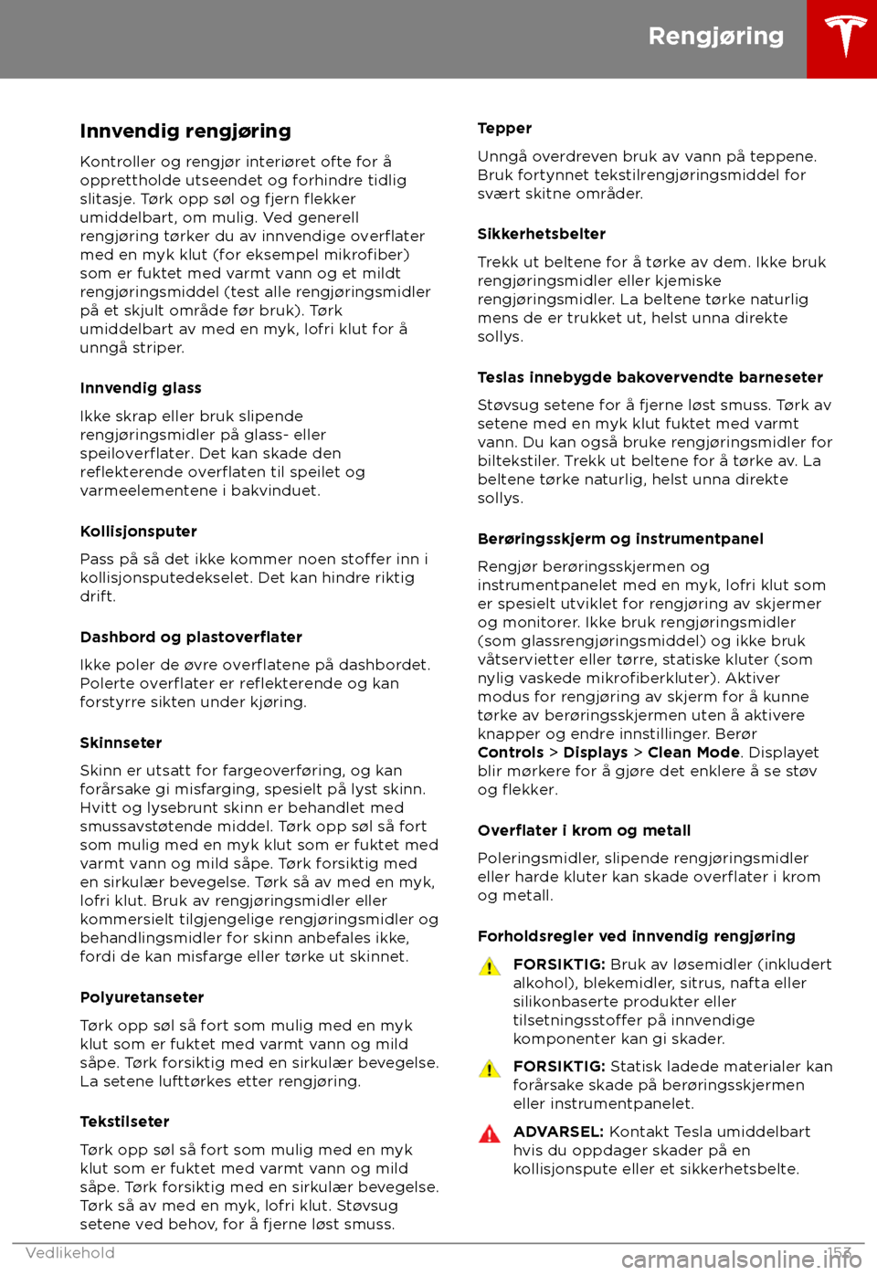 TESLA MODEL S 2018  Brukerhåndbok (in Norwegian) Innvendig rengj