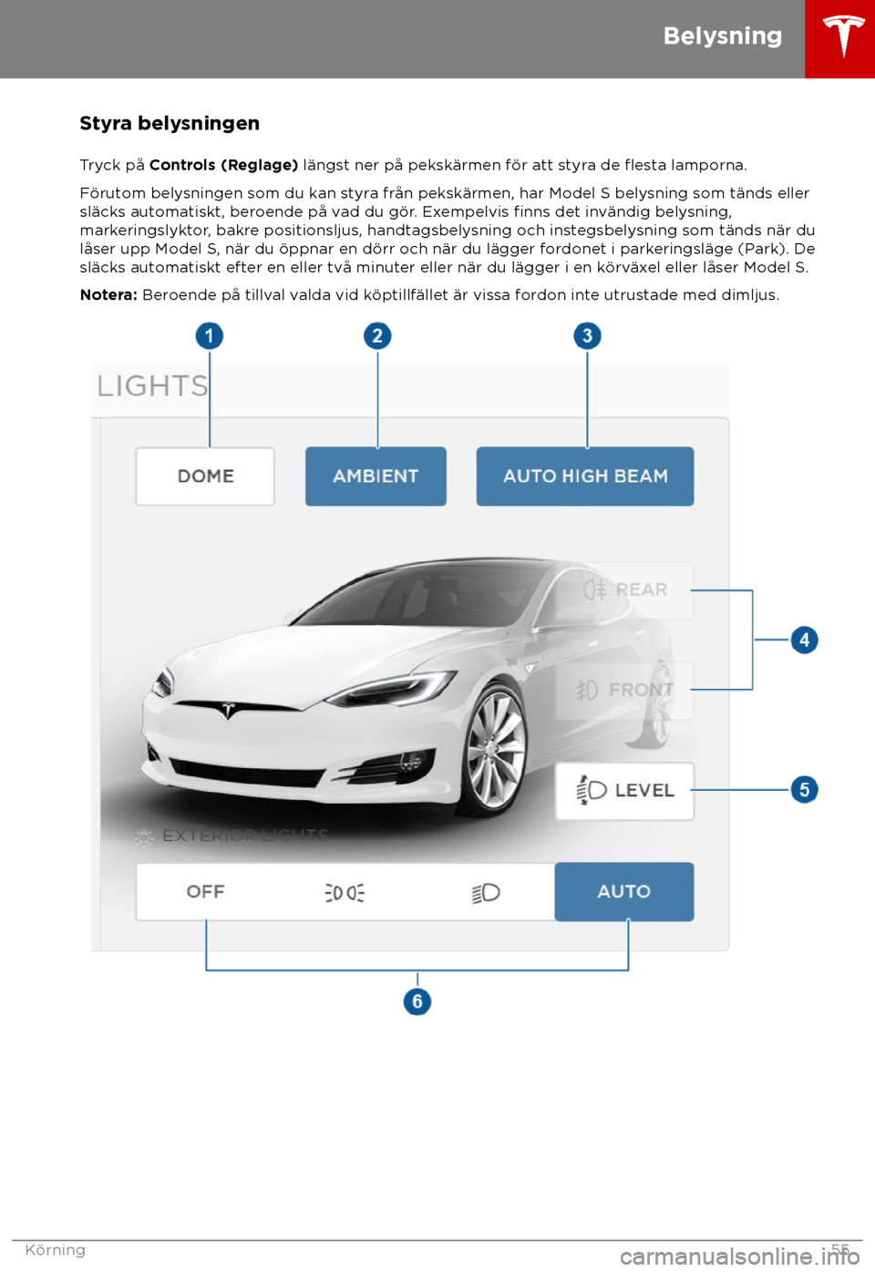 TESLA MODEL S 2018  Ägarmanual (in Swedish) Styra belysningen
T ryck p