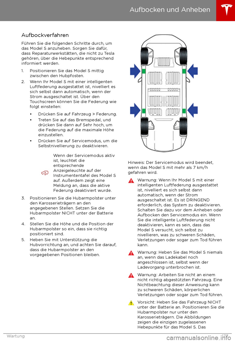 TESLA MODEL S 2017  Betriebsanleitung (in German)  Aufbockverfahren
F