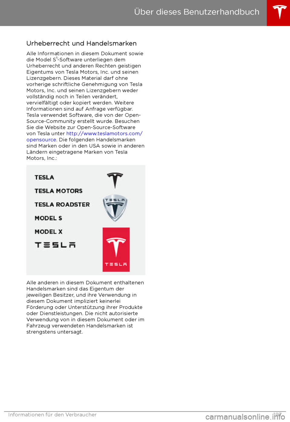 TESLA MODEL S 2017  Betriebsanleitung (in German)  Urheberrecht und Handelsmarken
Alle Informationen in diesem Dokument sowie
die Model S 
