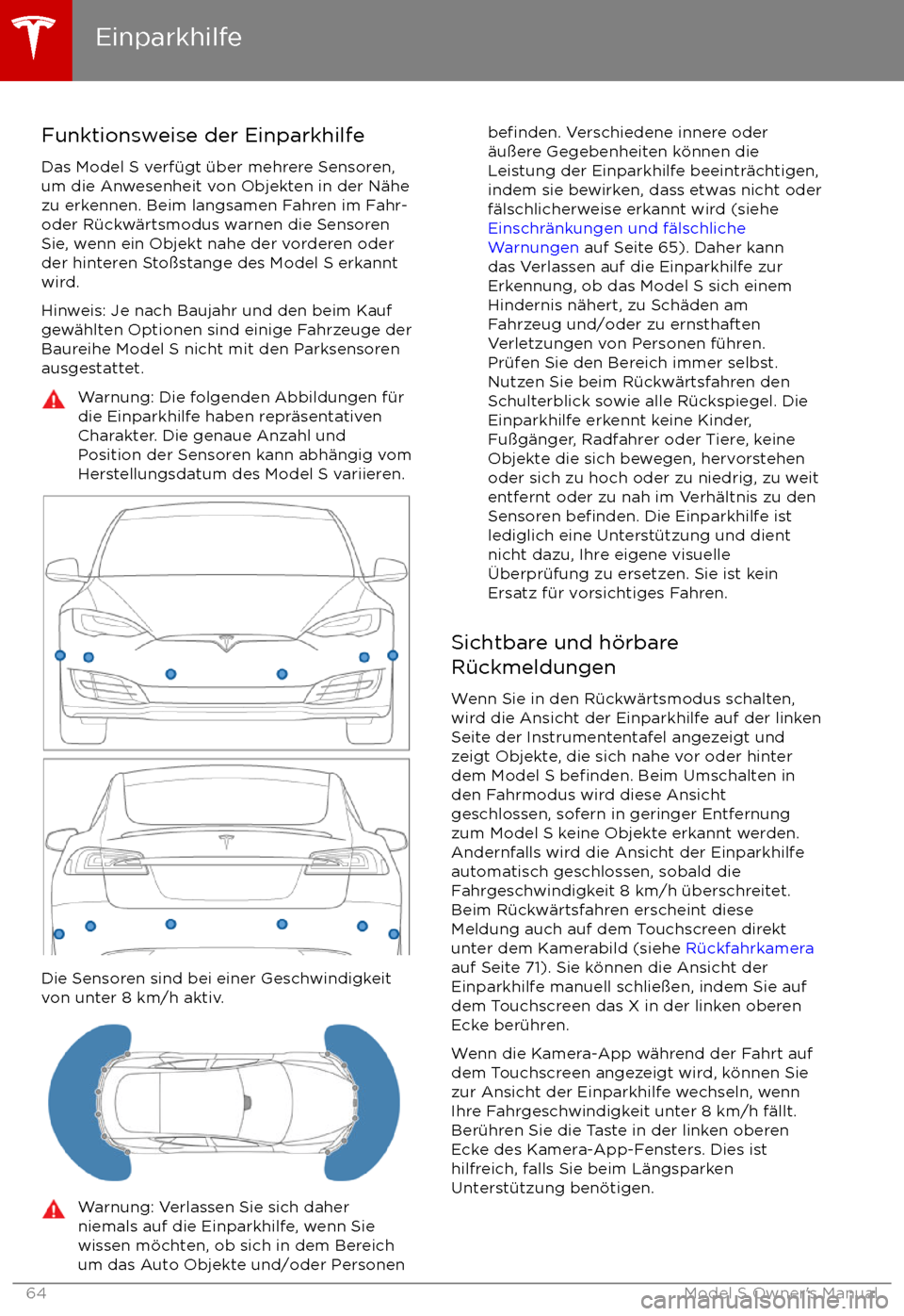 TESLA MODEL S 2017  Betriebsanleitung (in German)  Funktionsweise der EinparkhilfeDas Model S verf