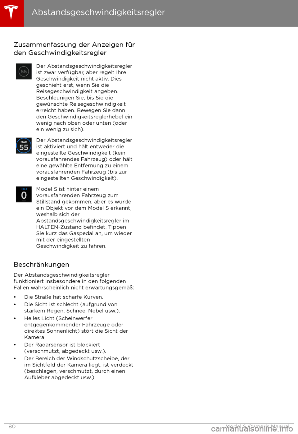 TESLA MODEL S 2017  Betriebsanleitung (in German)  Zusammenfassung der Anzeigen f