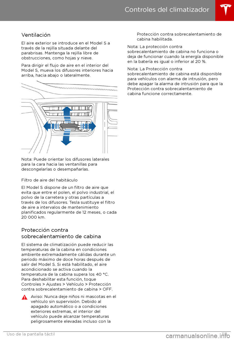 TESLA MODEL S 2017  Manual del propietario (in Spanish) Ventilaci