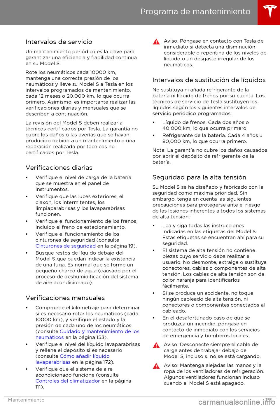 TESLA MODEL S 2017  Manual del propietario (in Spanish) Intervalos de servicioUn mantenimiento peri