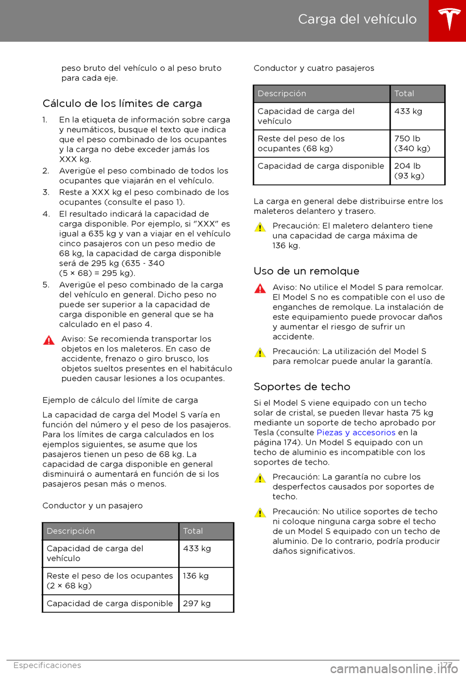 TESLA MODEL S 2017  Manual del propietario (in Spanish) peso bruto del veh