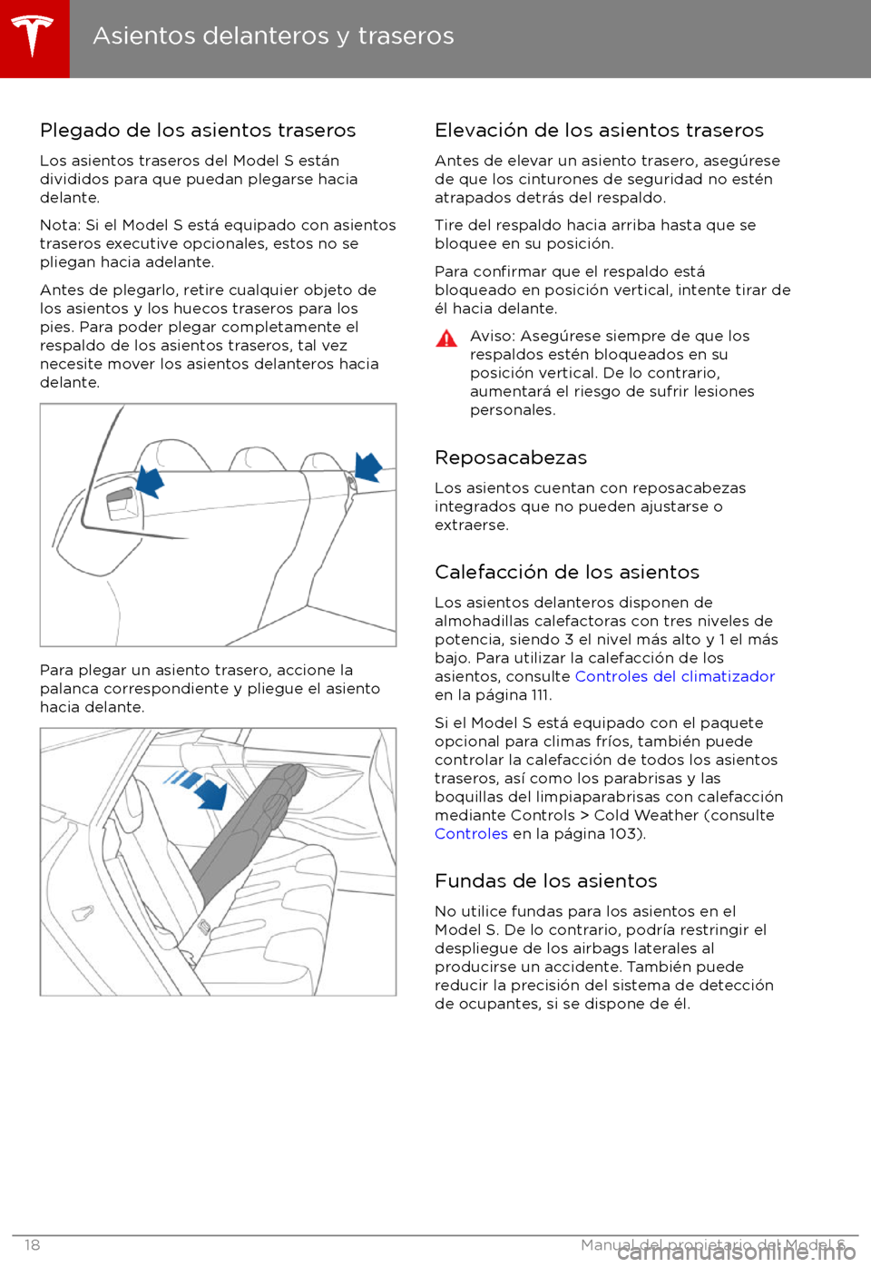 TESLA MODEL S 2017  Manual del propietario (in Spanish) Plegado de los asientos traserosLos asientos traseros del Model S est