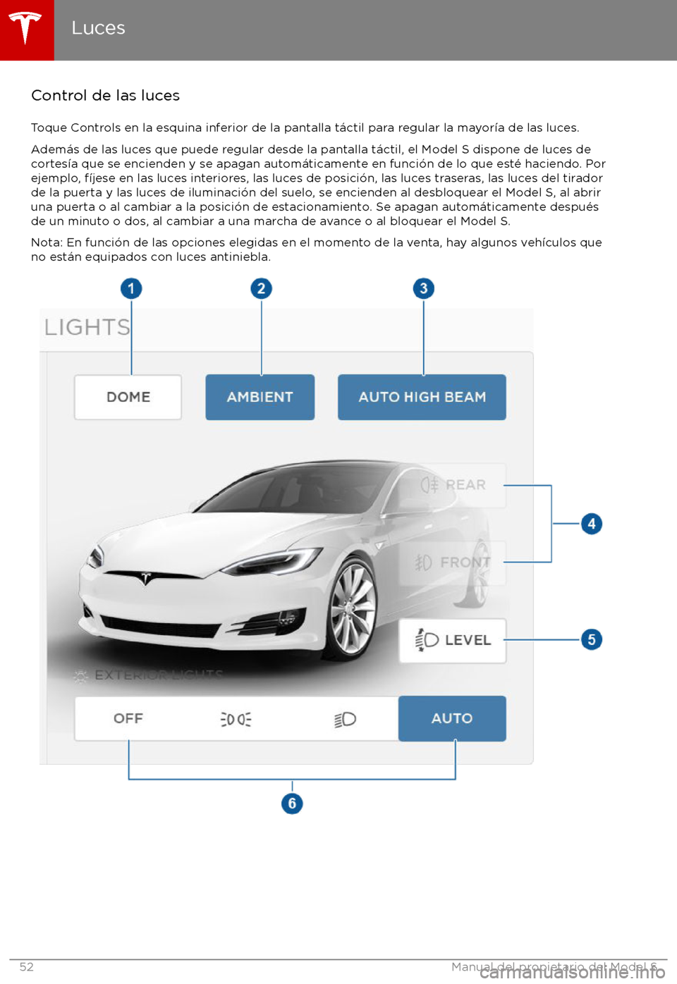 TESLA MODEL S 2017  Manual del propietario (in Spanish) Control de las lucesToque Controls en la esquina inferior de la pantalla t