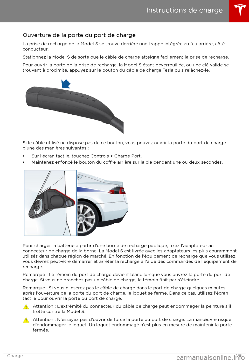 TESLA MODEL S 2017  Manuel du propriétaire (Canada) (in French) Ouverture de la porte du port de charge
La prise de recharge de la Model S se trouve derri