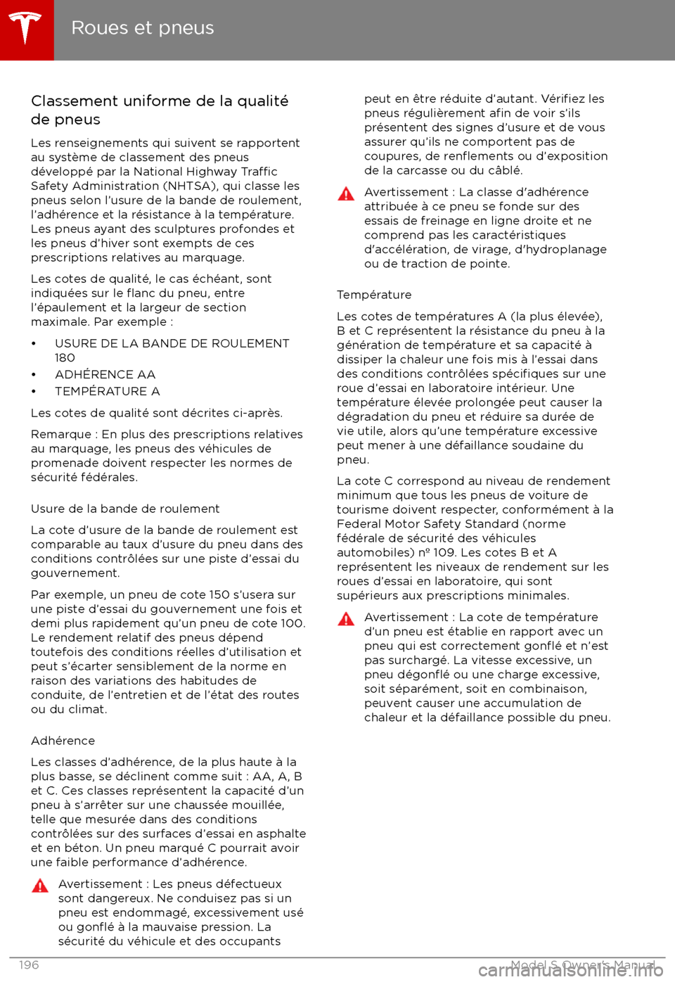 TESLA MODEL S 2017  Manuel du propriétaire (Canada) (in French) Classement uniforme de la qualit