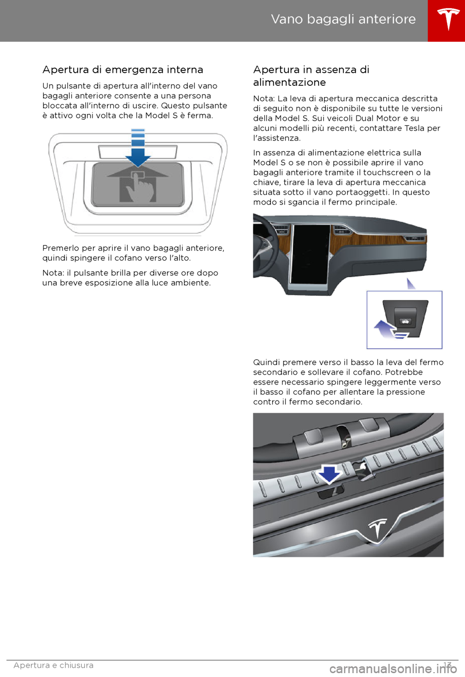 TESLA MODEL S 2017  Manuale del proprietario (in Italian) Apertura di emergenza internaUn pulsante di apertura all
