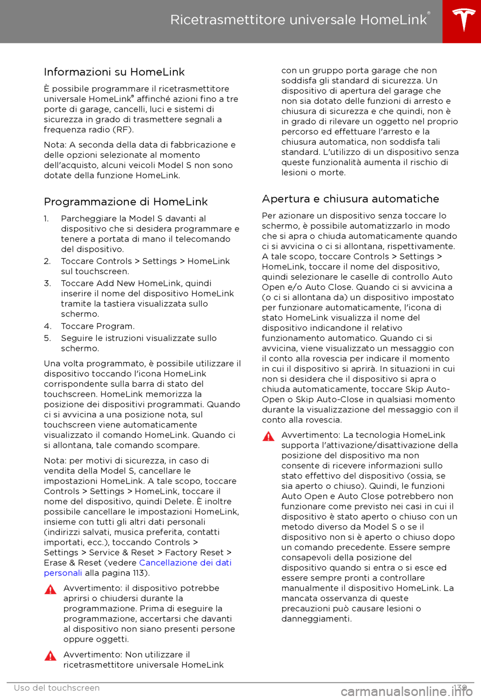 TESLA MODEL S 2017  Manuale del proprietario (in Italian) Informazioni su HomeLink