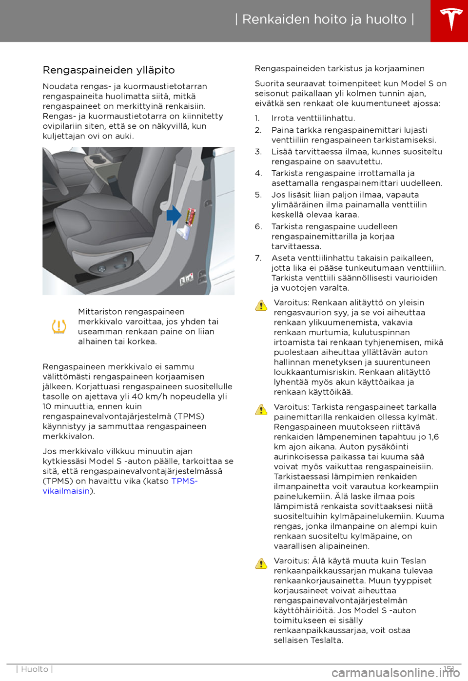 TESLA MODEL S 2017  Omistajan käsikirja (in Finnish) Rengaspaineiden yll