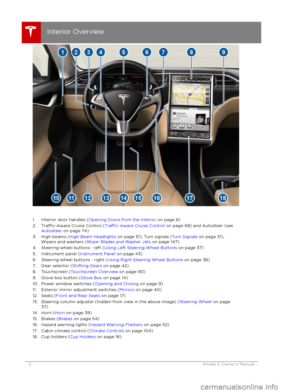 TESLA MODEL S 2016 Owners Manual 1. Interior door handles (Opening Doors from the Interior on page 6)
2.Traffic-Aware Cruise Control (Traffic-Aware Cruise Control on page 68) and Autosteer (see
Autosteer on page 74)
3. High beams TESLA MODEL S 2016 Owners Manual 1. Interior door handles (Opening Doors from the Interior on page 6)
2.Traffic-Aware Cruise Control (Traffic-Aware Cruise Control on page 68) and Autosteer (see
Autosteer on page 74)
3. High beams