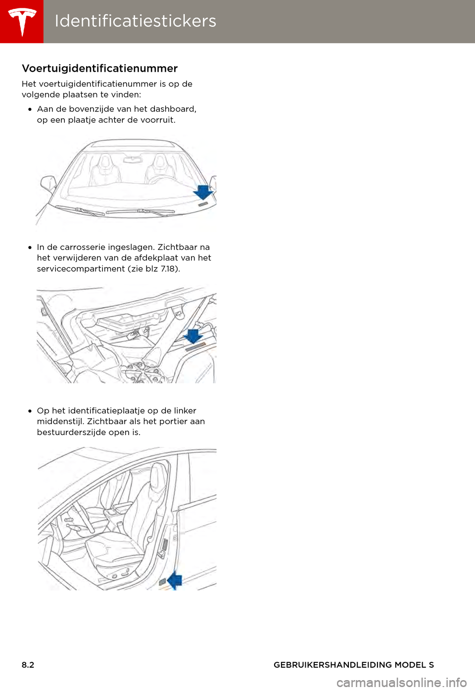 TESLA MODEL S 2015  Handleiding (in Dutch) IdentificatiestickersIdentificatiestickers
8.2GEBRUIKERSHANDLEIDING MODEL S
TECHNISCHE GEGEVENSIdentificatiestickersVo e r t u i g i d e n t i f i c a t i e n u m m e r
Het voertuigidentificatienummer