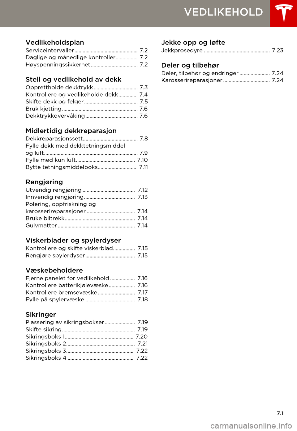 TESLA MODEL S 2015  Brukerhåndbok (in Norwegian) 7.1
VEDLIKEHOLD
Vedlikeholdsplan
Serviceintervaller .............................................. 7.2Daglige og månedlige kontroller................ 7.2Høyspenningssikkerhet .......................