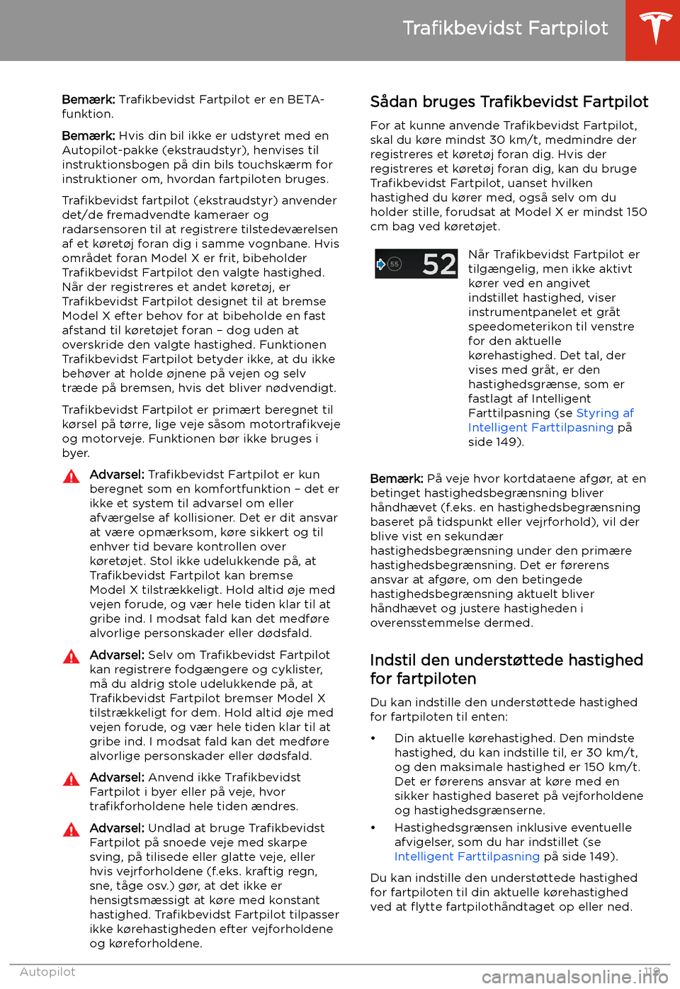 TESLA MODEL X 2020  Instruktionsbog (in Danish) Tra