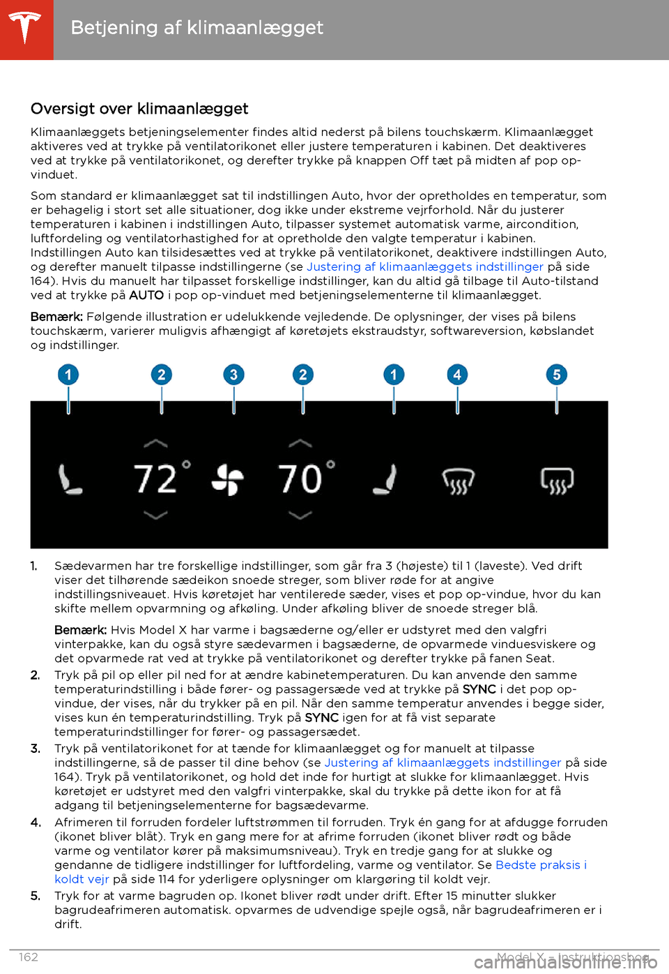 TESLA MODEL X 2020  Instruktionsbog (in Danish) Betjening af klimaanl