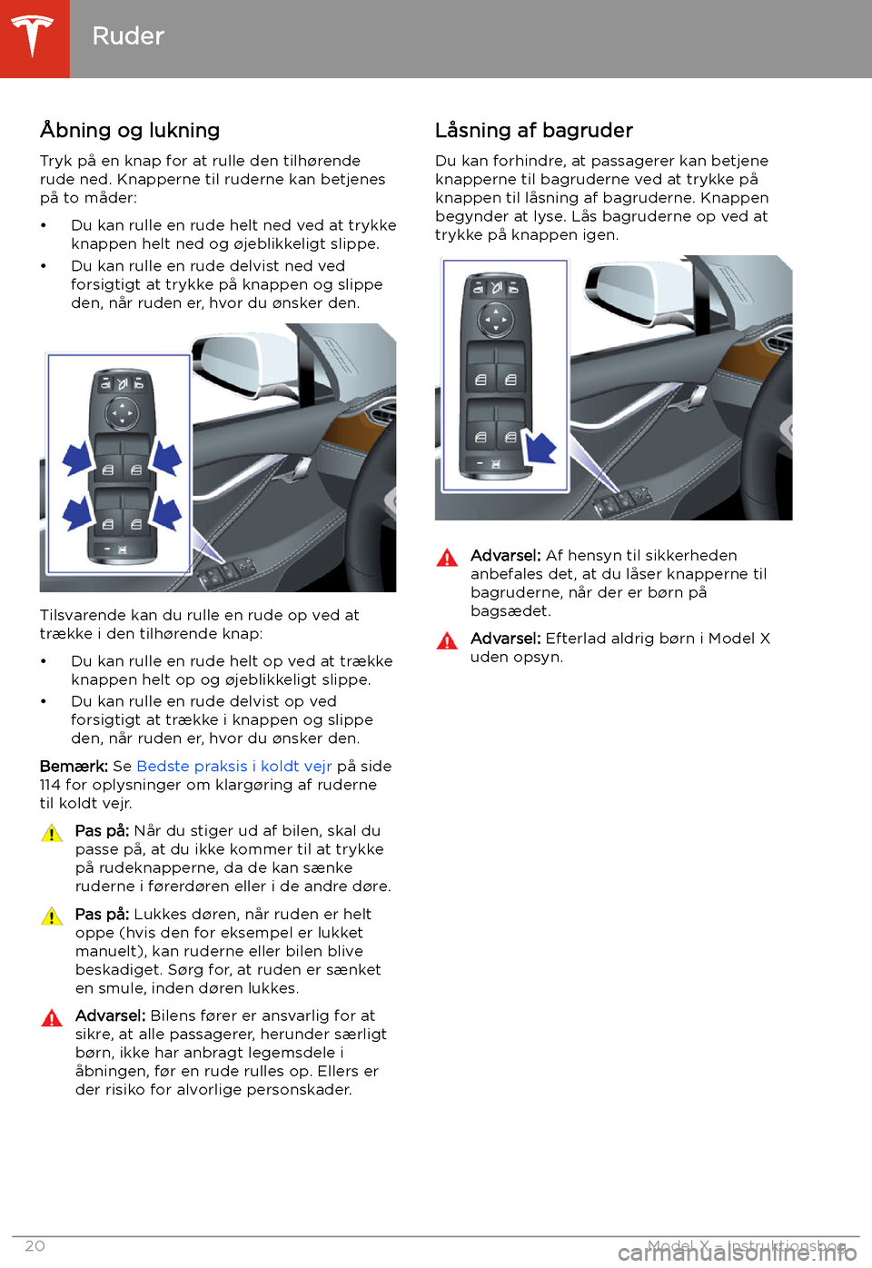 TESLA MODEL X 2020  Instruktionsbog (in Danish) Ruder
