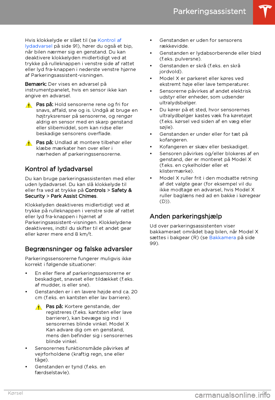 TESLA MODEL X 2020  Instruktionsbog (in Danish) Hvis klokkelyde er sl