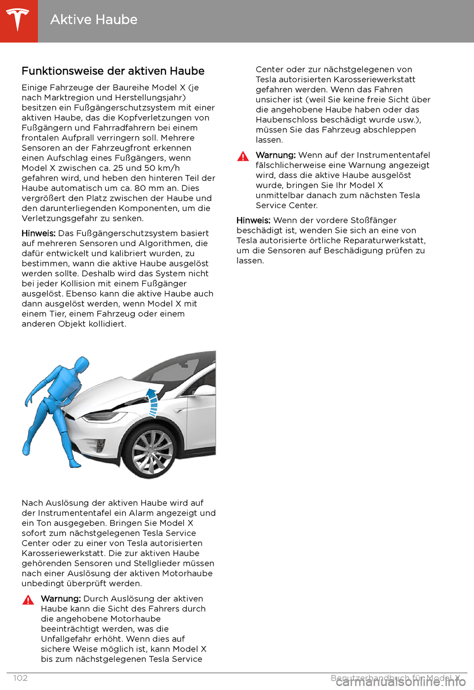 TESLA MODEL X 2020  Betriebsanleitung (in German) Aktive Haube
Funktionsweise der aktiven Haube Einige Fahrzeuge der Baureihe Model X (je
nach Marktregion und Herstellungsjahr) besitzen ein Fu