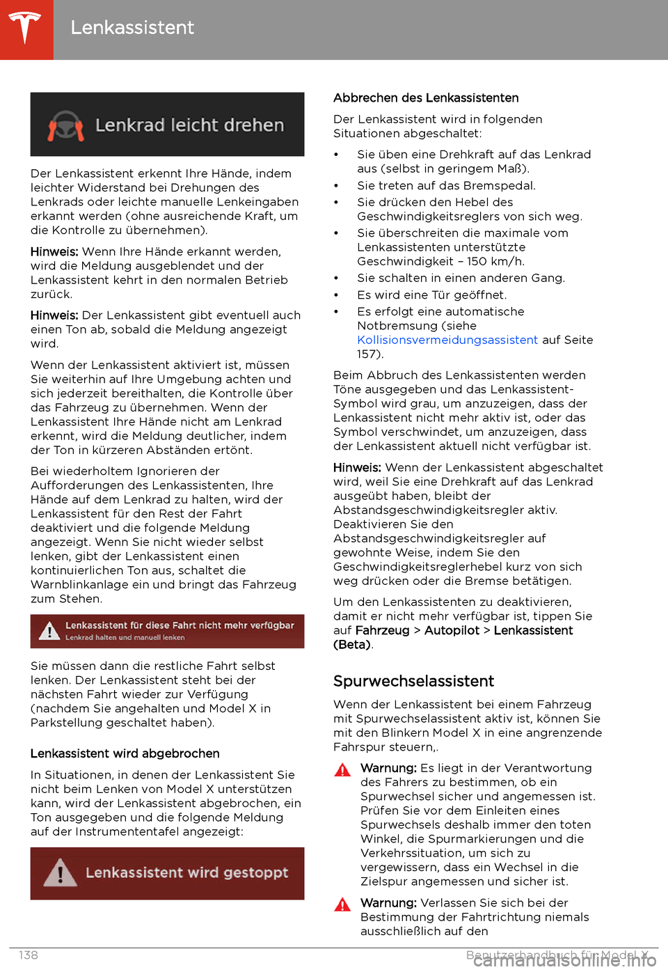 TESLA MODEL X 2020  Betriebsanleitung (in German) Der Lenkassistent erkennt Ihre H