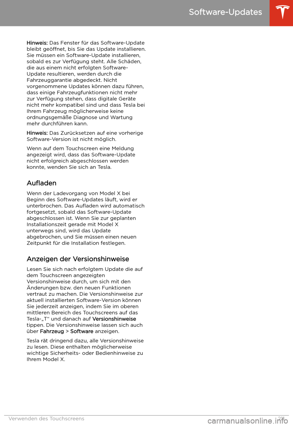 TESLA MODEL X 2020  Betriebsanleitung (in German) Hinweis: Das Fenster f