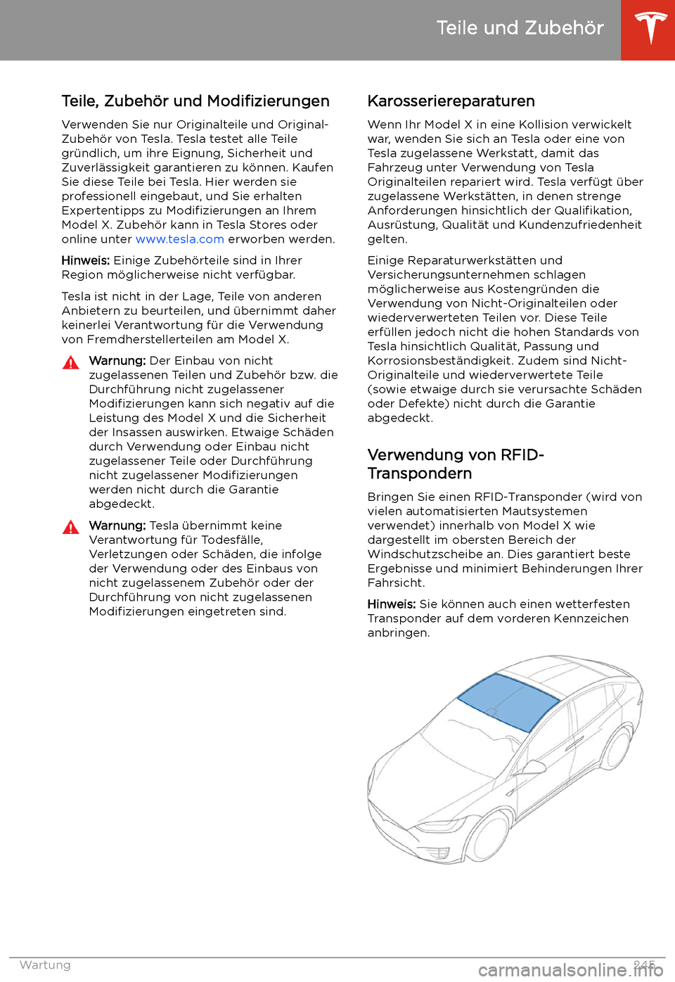 TESLA MODEL X 2020  Betriebsanleitung (in German) Teile und Zubeh