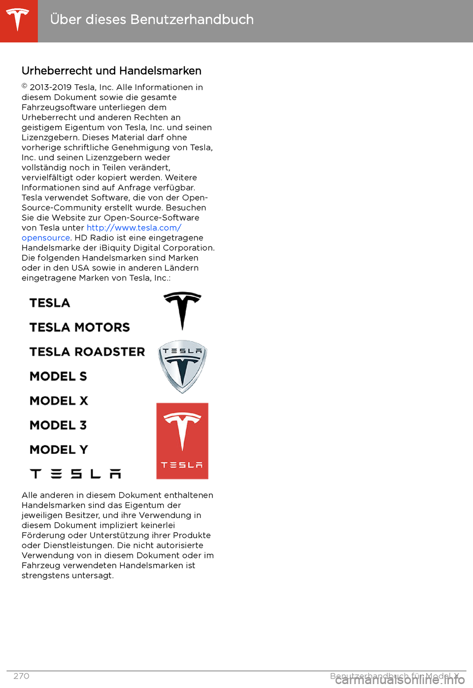 TESLA MODEL X 2020  Betriebsanleitung (in German) Urheberrecht und Handelsmarken