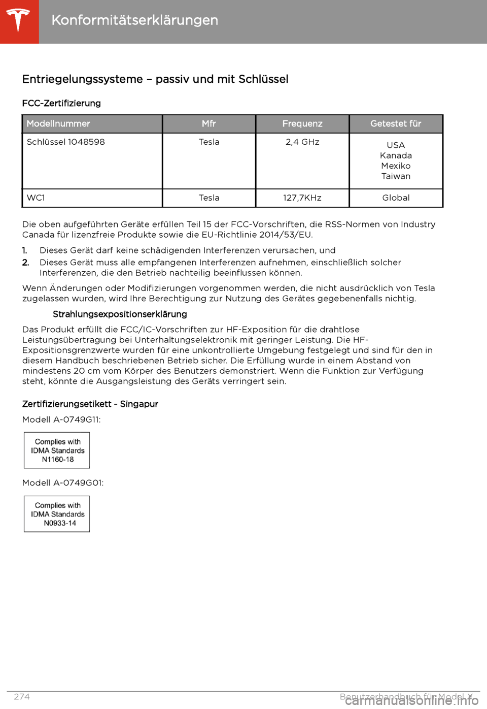 TESLA MODEL X 2020  Betriebsanleitung (in German) Konformit