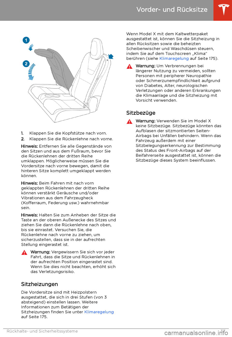 TESLA MODEL X 2020  Betriebsanleitung (in German) 1.Klappen Sie die Kopfst