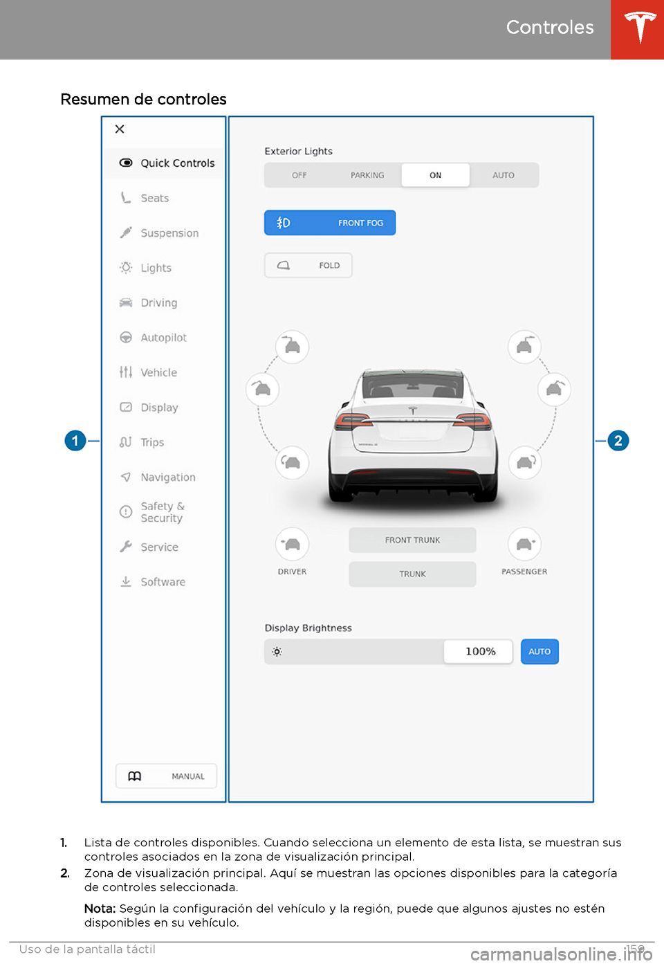 TESLA MODEL X 2020  Manual del propietario (in Spanish) Resumen de controles
1.Lista de controles disponibles. Cuando selecciona un elemento de esta lista, se muestran sus
controles asociados en la zona de visualizaci
