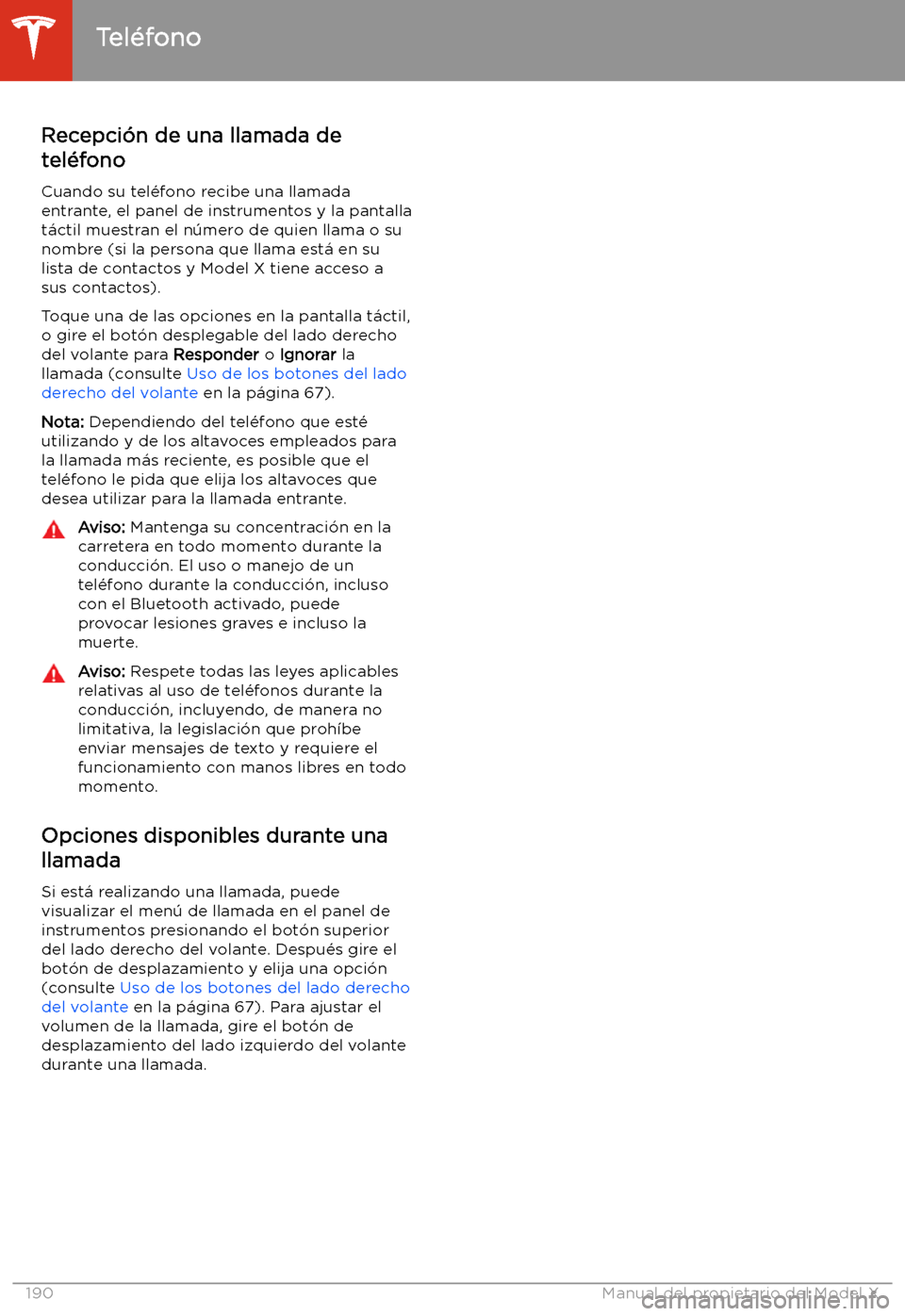 TESLA MODEL X 2020  Manual del propietario (in Spanish) Recepci