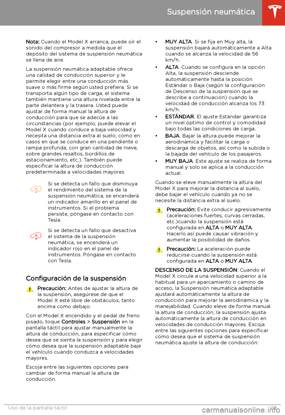TESLA MODEL X 2020  Manual del propietario (in Spanish) Suspensi