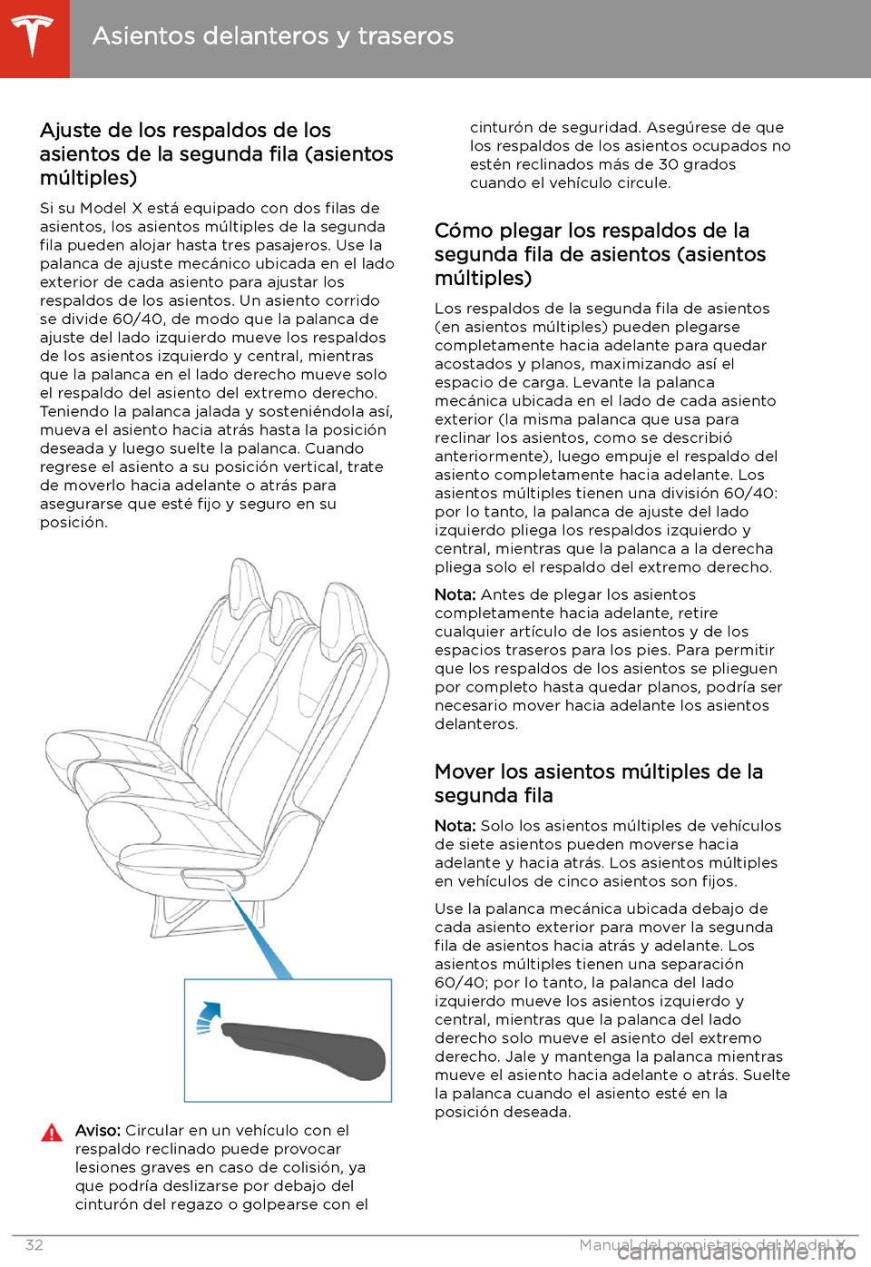 TESLA MODEL X 2020  Manual del propietario (in Spanish) Ajuste de los respaldos de los
asientos de la segunda  