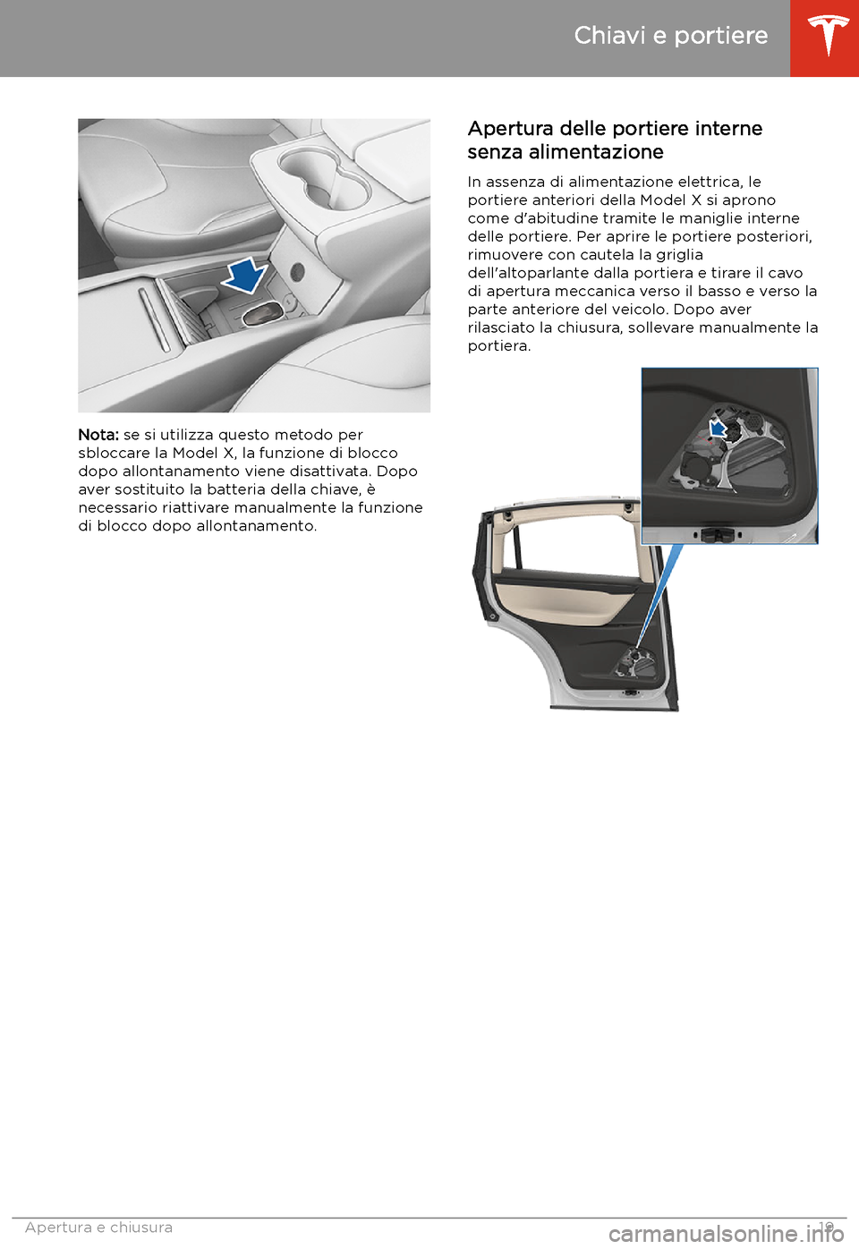 TESLA MODEL X 2020  Manuale del proprietario (in Italian) Nota: se si utilizza questo metodo per
sbloccare la Model X, la funzione di blocco dopo allontanamento viene disattivata. Dopo
aver sostituito la batteria della chiave, 