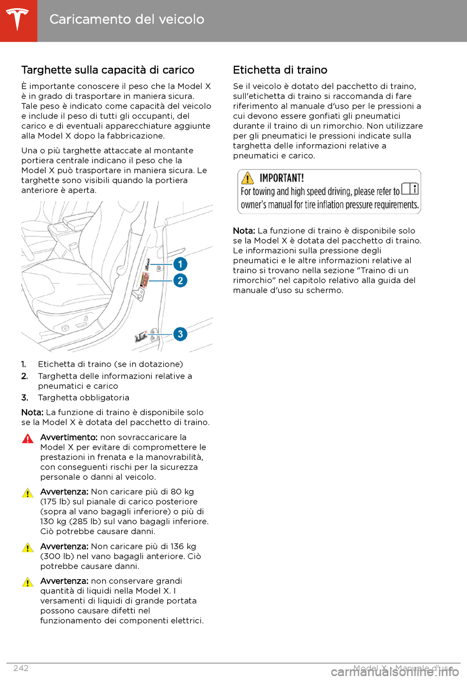 TESLA MODEL X 2020  Manuale del proprietario (in Italian) Caricamento del veicolo
Targhette sulla capacit