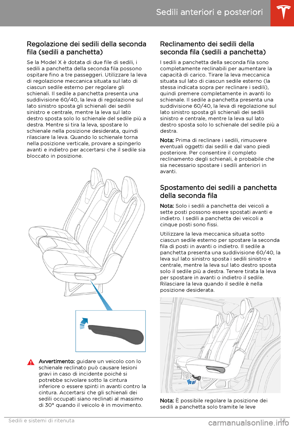 TESLA MODEL X 2020  Manuale del proprietario (in Italian) Regolazione dei sedili della seconda