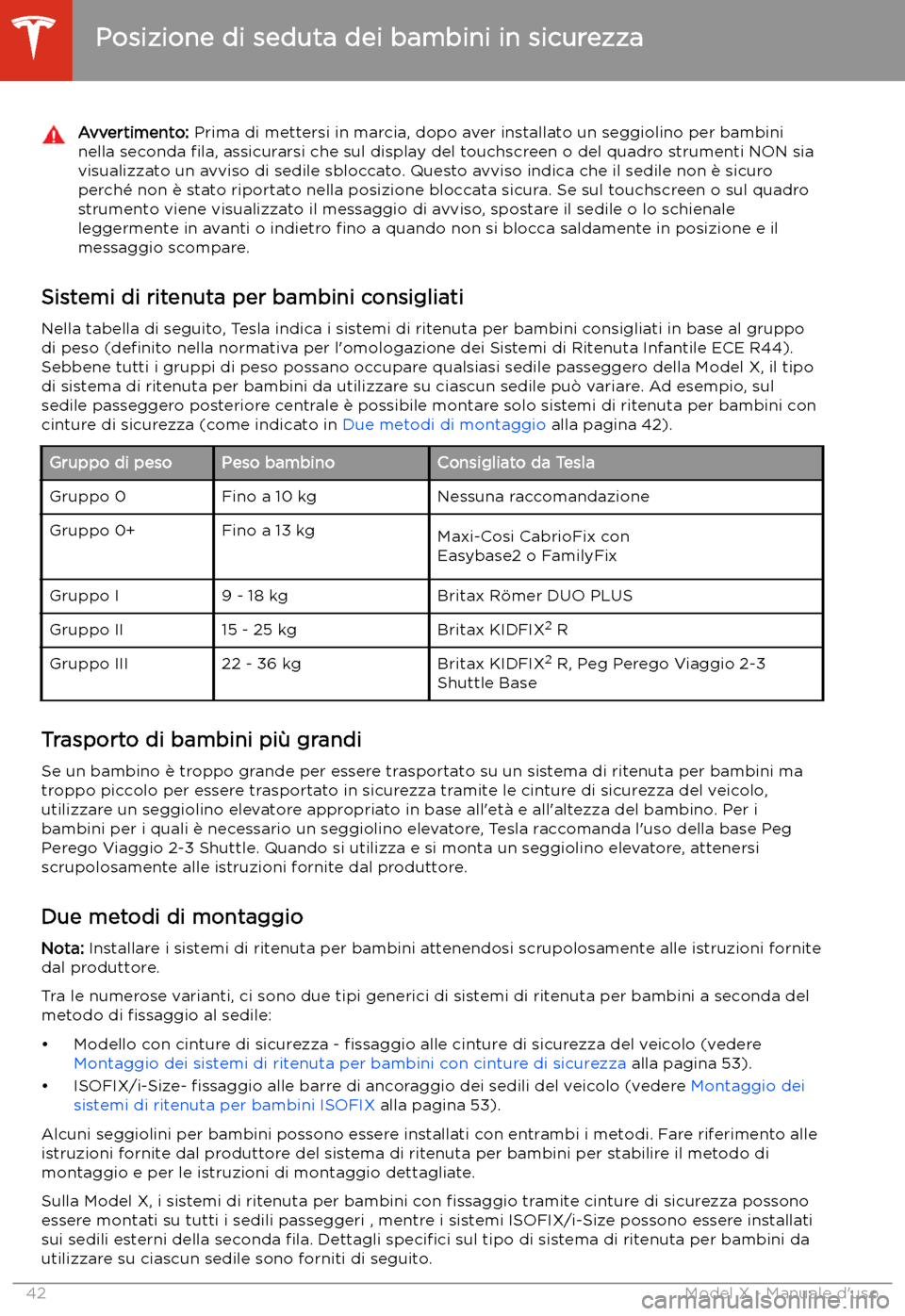 TESLA MODEL X 2020  Manuale del proprietario (in Italian) Avvertimento: Prima di mettersi in marcia, dopo aver installato un seggiolino per bambini
nella seconda  