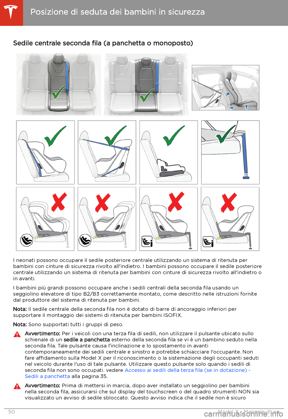 TESLA MODEL X 2020  Manuale del proprietario (in Italian) Sedile centrale seconda 