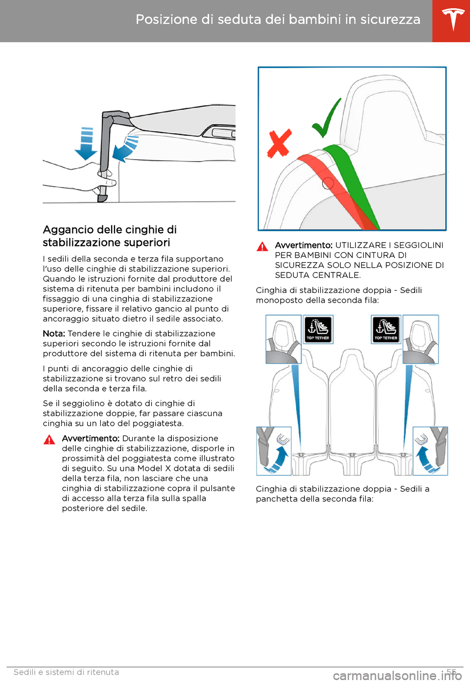 TESLA MODEL X 2020  Manuale del proprietario (in Italian) Aggancio delle cinghie di
stabilizzazione superiori
I sedili della seconda e terza  