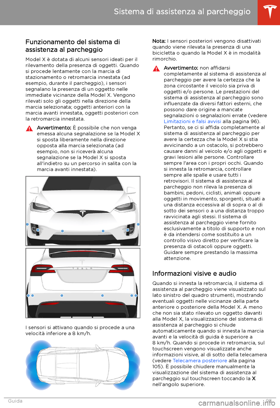 TESLA MODEL X 2020  Manuale del proprietario (in Italian) Sistema di assistenza al parcheggio
Funzionamento del sistema di
assistenza al parcheggio
Model X 