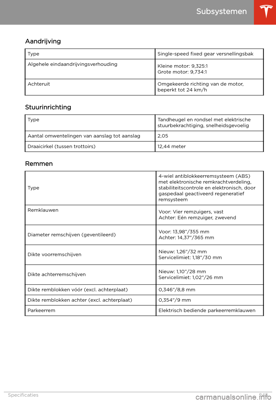 TESLA MODEL X 2020  Handleiding (in Dutch)  Aandrijving
Type Single-speed 