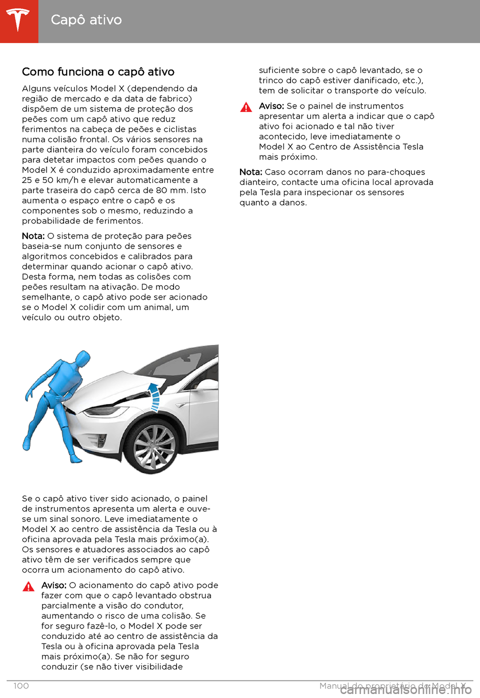 TESLA MODEL X 2020  Manual do proprietário (in Portuguese)  Capô ativo
Como funciona o capô ativo
Alguns ve